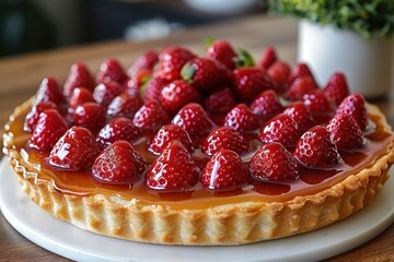 Wall Mural - Tarte aux Fraises A beautiful Tarte aux Fraises with fresh strawberries arranged on a pastry crust, topped with a shiny glaze.