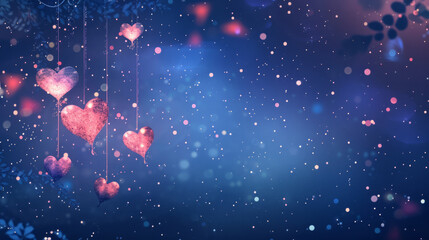 Poster - Romantic hearts suspended in the air create a dreamy atmosphere with shimmering lights and a soft blue background