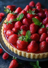 Wall Mural - Tarte aux Fraises A beautiful Tarte aux Fraises with fresh strawberries arranged on a pastry crust, topped with a shiny glaze.