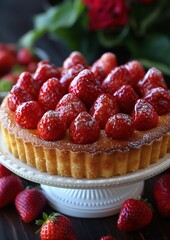 Wall Mural - Tarte aux Fraises A beautiful Tarte aux Fraises with fresh strawberries arranged on a pastry crust, topped with a shiny glaze.