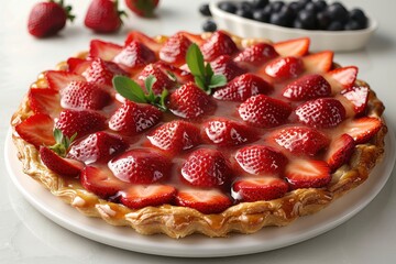 Wall Mural - Tarte aux Fraises A beautiful Tarte aux Fraises with fresh strawberries arranged on a pastry crust, topped with a shiny glaze.