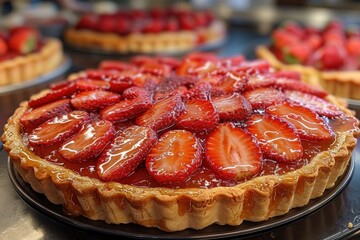 Wall Mural - Tarte aux Fraises A beautiful Tarte aux Fraises with fresh strawberries arranged on a pastry crust, topped with a shiny glaze.