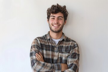 Poster - Smiling young adult male with arms crossed, isolated against a white setting , background blur