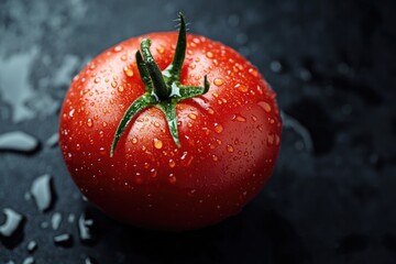 A juicy tomato with a vibrant green stem.