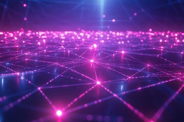 Glowing pink neural network with dots and light effects. Futuristic concept of brain, digital or electronic theme.