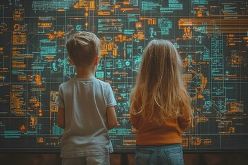 Wall Mural - a child and child looking at a large screen

