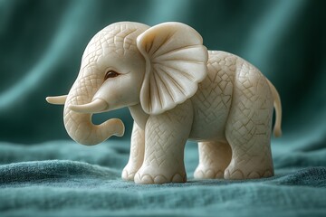 a beautifully carved elephant figurine on a turquoise fabric background.