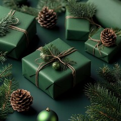 Wall Mural - Christmas. Christmas gift boxes on a green background made of pine branches and pine cones