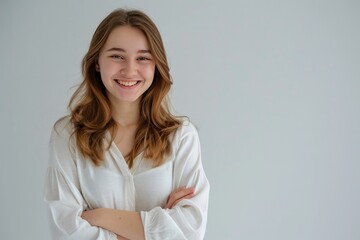 Wall Mural - Smiling young female model with crossed arms, isolated on a white setting , background blur