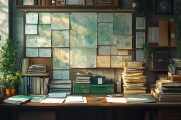 Sticker - Office Interior with Maps and Documents