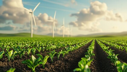 Wind turbines on farmland, integrating renewable energy with agriculture, 3D illustration