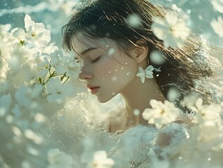 Wall Mural - Dreamy Portrait of a Woman Surrounded by White Flowers