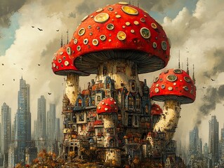 Wall Mural - Surreal Mushroom City: A Fantasy Architecture Masterpiece