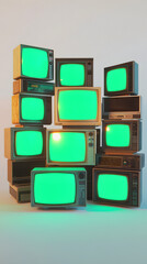 Poster - stacks of green screen monitor tvs glowing in empty light white background, television old wooden aged classical monitors device chroma key equipment 3d render composition