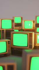 Poster - vertical composition of stack 3d minimal style televisions green screen monitors set overlapping random TVs classic old cube shapes on white background empty space atmosphere