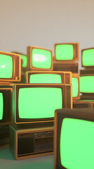 Poster - vertical composition of stack 3d minimal style televisions green screen monitors set overlapping random TVs classic old cube shapes on white background empty space atmosphere