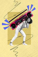 Poster - Trend artwork composite sketch image photo collage of carefree party celebration holiday listen music big boombox young lady carry on back