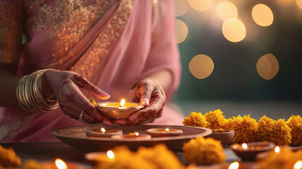 close up of young indian woman holding oil lamp on diwali festival