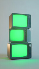 Poster - vertical stacks of green screen monitor tvs glowing in empty soft lighting empty white room background, television old aged classical monitors device chroma key equipment 3d render composition