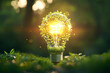 © enterdigital - A glowing light bulb surrounded by greenery, symbolizing eco-friendliness and renewable energy in a serene environment.