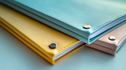 Leinwandbilder - A close-up of three stylish folders, each in different pastel colors, isolated on a bright white surface, perfect for creative projects