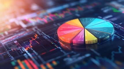Leinwandbilder - A sleek financial pie chart with colorful segments representing investment portfolios, set against a digital background with financial data, graphs, and stock market indicators.