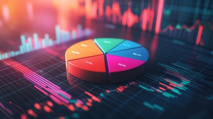 Leinwandbilder - A sleek financial pie chart with colorful segments representing investment portfolios, set against a digital background with financial data, graphs, and stock market indicators.