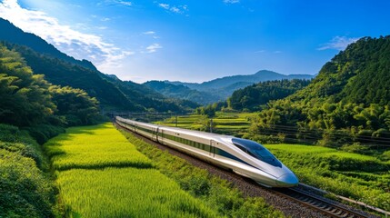 Poster - A sleek high-speed train gliding through lush countryside, showcasing its aerodynamic design and speed, with vibrant greenery in the foreground and a clear blue sky above.