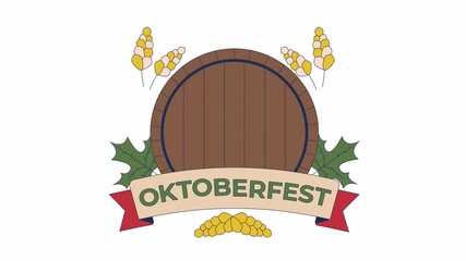 Poster - Wooden barrel with barley ears and leaves for oktoberfest logo 2D object animation. German culture traditions cartoon 4K video, alpha channel. Craft beer animated flat items on white background