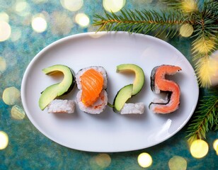 2025 Happy new year greeting banner for restaurant, delivery servuce. Flat lay. Assorted set of various sushi rolls on a white plate. The sushi rolls are laid out in numbers 2025.