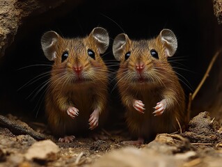 Canvas Print - Two Adorable Mice Peeking Out of a Hole