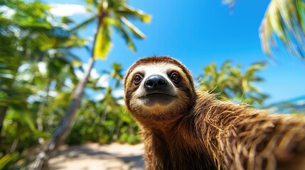 Wall Mural - sloth posing on a tropical beach with palm trees, clear blue sky in the background.