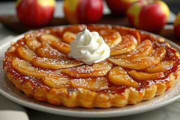 Wall Mural - Tarte Tatin A Tarte Tatin with caramelized apples on a golden, flaky pastry crust. Served on a white plate with a dollop of whipped cream