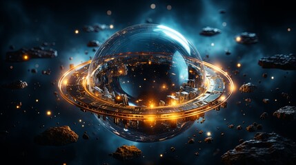 Wall Mural - A futuristic orb encased in a transparent sphere surrounded by a ring of glowing lights, adrift in a field of celestial debris.