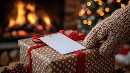 A beautifully wrapped gift rests on a table beside a warm, glowing fireplace