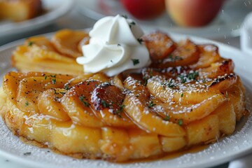 Wall Mural - Tarte Tatin A Tarte Tatin with caramelized apples on a golden, flaky pastry crust. Served on a white plate with a dollop of whipped cream