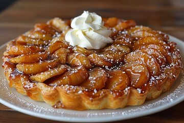 Wall Mural - Tarte Tatin A Tarte Tatin with caramelized apples on a golden, flaky pastry crust. Served on a white plate with a dollop of whipped cream