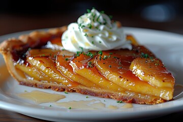 Wall Mural - Tarte Tatin A Tarte Tatin with caramelized apples on a golden, flaky pastry crust. Served on a white plate with a dollop of whipped cream