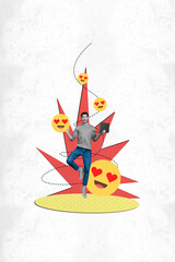 Poster - Composite trend artwork sketch image collage of miniature young man stand balance hold laptop work emoji heart like eyes face popular