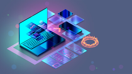 Leinwandbilder - Web design, website create isometric concept. Software development, web design banner. Laptop, phone with website layout. Site development technology banner. Computer software development technology.