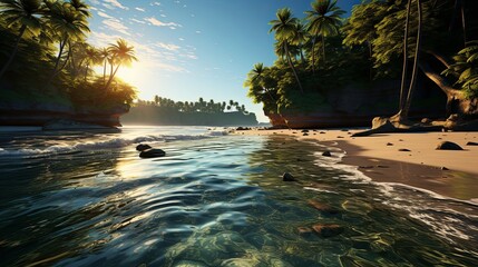 Poster - A serene tropical beach with clear turquoise waters, palm trees swaying in the gentle breeze, and the warm glow of the setting sun casting long shadows on the sand.