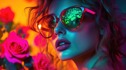 Sticker - A fashion model wearing colorful sunglasses poses in front of an abstract background of roses, creating a vibrant and fashionable atmosphere