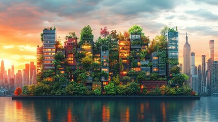 Wall Mural - Green Cityscape in a Sunset