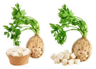 Fresh celery root with leaf isolated on white background