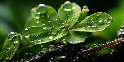 Poster - A close-up of dew drops on a green leaf, highlighting the natural beauty and fragility of the plant's surface