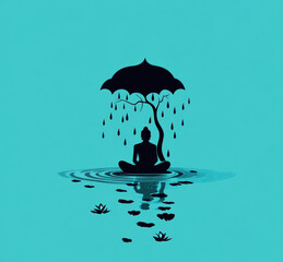 Wall Mural - A lotus flower is being watered by rain, and the silhouette of Buddha meditating under it