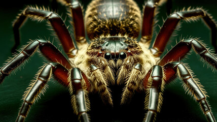 A close up of a large brown spider with black legs and a black head