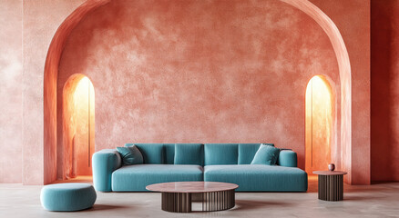 Wall Mural - a modern interior design with a pastel blue sofa and a wall in a peach color, accented by lighting.