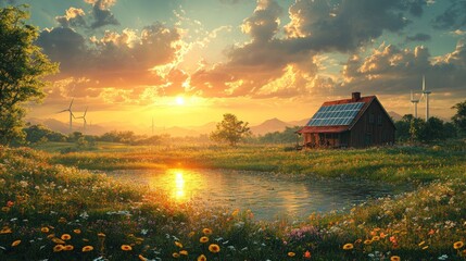 Canvas Print - Sunset Over a Tranquil Cabin