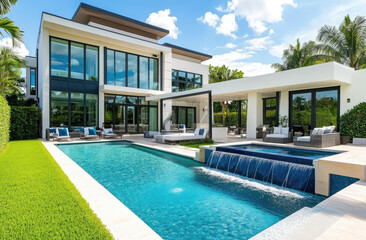 Wall Mural - A modern home with a large pool, a waterfall, and an outdoor seating area